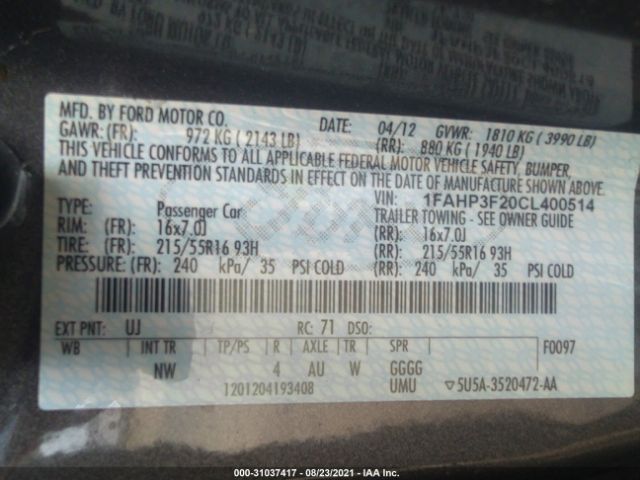 Photo 8 VIN: 1FAHP3F20CL400514 - FORD FOCUS 