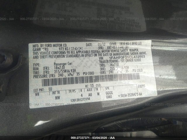 Photo 8 VIN: 1FAHP3F21CL432503 - FORD FOCUS 