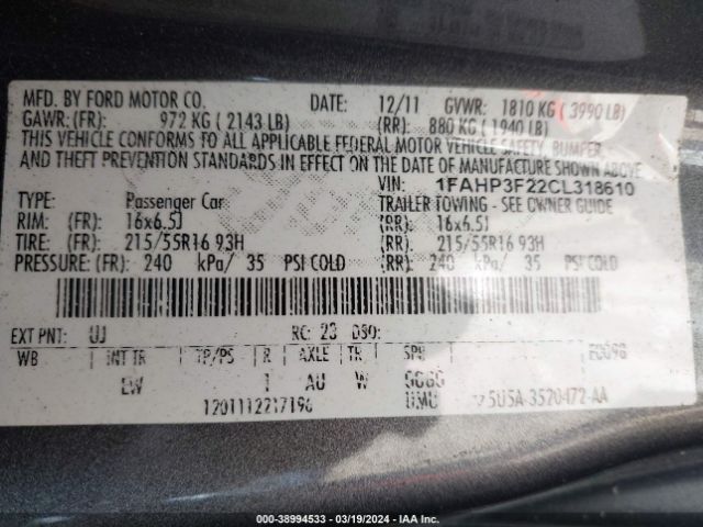 Photo 8 VIN: 1FAHP3F22CL318610 - FORD FOCUS 