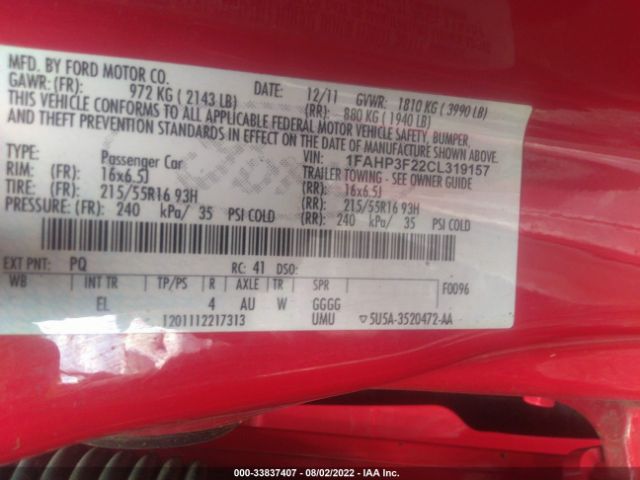 Photo 8 VIN: 1FAHP3F22CL319157 - FORD FOCUS 