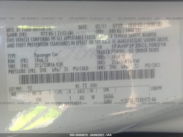 Photo 8 VIN: 1FAHP3F25CL106218 - FORD FOCUS 