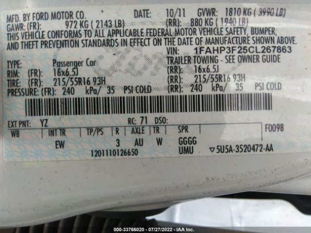 Photo 8 VIN: 1FAHP3F25CL267863 - FORD FOCUS 