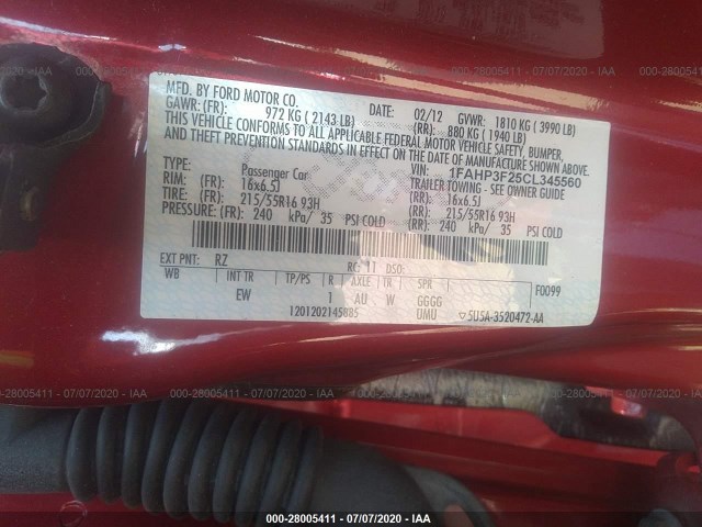 Photo 8 VIN: 1FAHP3F25CL345560 - FORD FOCUS 