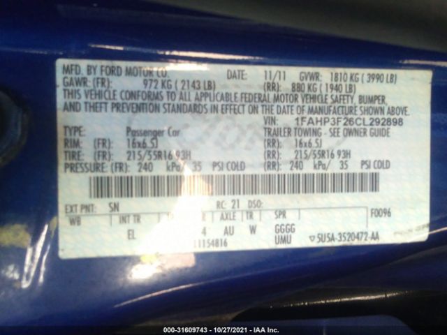 Photo 8 VIN: 1FAHP3F26CL292898 - FORD FOCUS 