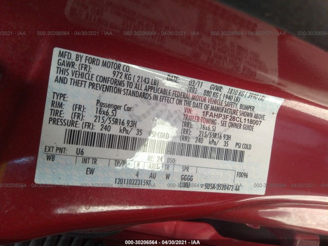 Photo 8 VIN: 1FAHP3F28CL118007 - FORD FOCUS 