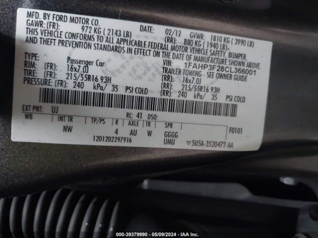 Photo 8 VIN: 1FAHP3F28CL366001 - FORD FOCUS 