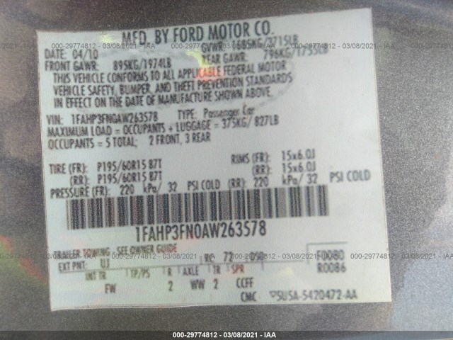 Photo 8 VIN: 1FAHP3FN0AW263578 - FORD FOCUS 