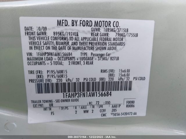 Photo 8 VIN: 1FAHP3FN1AW156684 - FORD FOCUS 