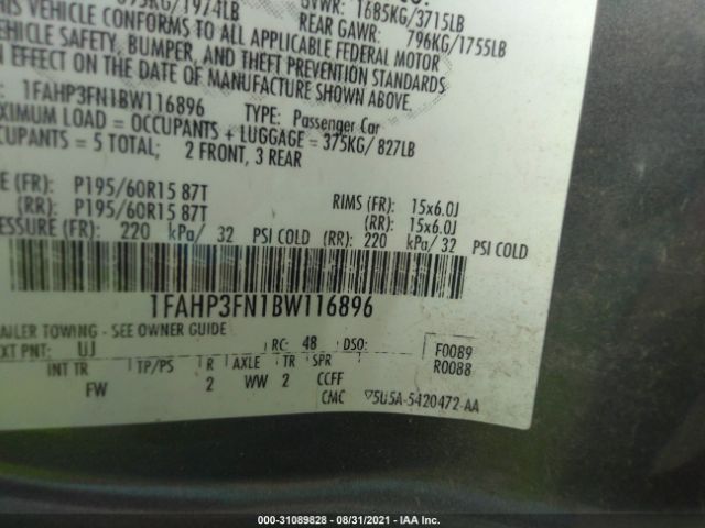 Photo 8 VIN: 1FAHP3FN1BW116896 - FORD FOCUS 