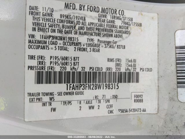 Photo 8 VIN: 1FAHP3FN2BW198315 - FORD FOCUS 