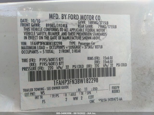 Photo 8 VIN: 1FAHP3FN3BW182298 - FORD FOCUS 