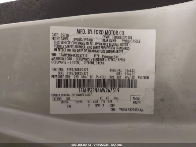 Photo 8 VIN: 1FAHP3FN4AW267519 - FORD FOCUS 