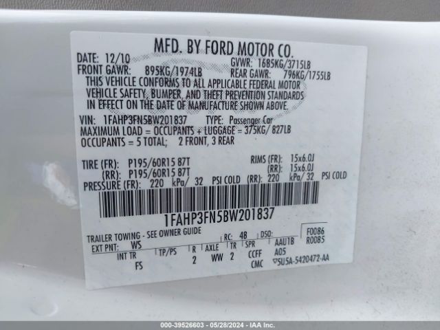 Photo 8 VIN: 1FAHP3FN5BW201837 - FORD FOCUS 