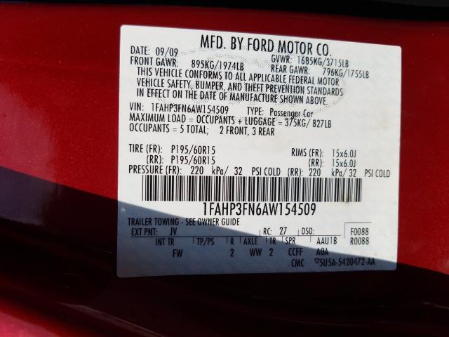 Photo 9 VIN: 1FAHP3FN6AW154509 - FORD FOCUS SE 