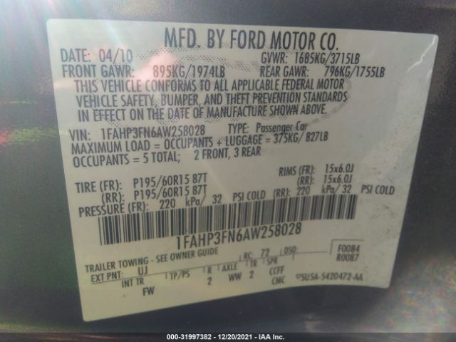 Photo 8 VIN: 1FAHP3FN6AW258028 - FORD FOCUS 