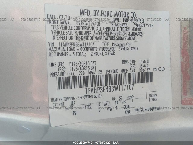 Photo 8 VIN: 1FAHP3FN8BW117107 - FORD FOCUS 