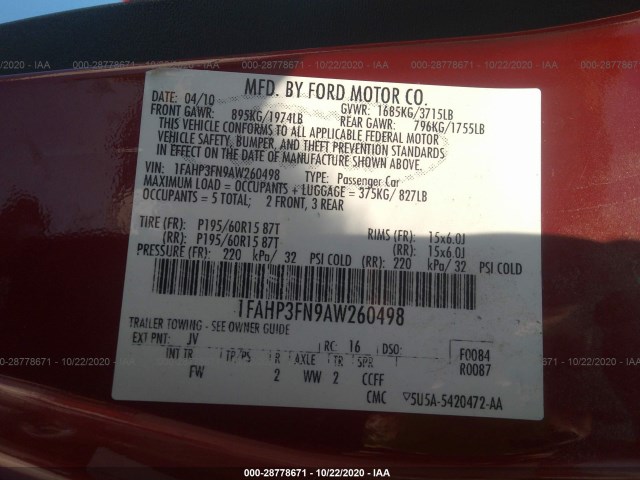 Photo 8 VIN: 1FAHP3FN9AW260498 - FORD FOCUS 