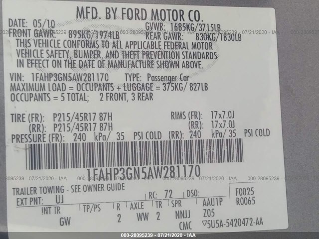 Photo 8 VIN: 1FAHP3GN5AW281170 - FORD FOCUS 