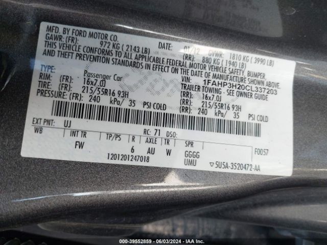 Photo 8 VIN: 1FAHP3H20CL337203 - FORD FOCUS 