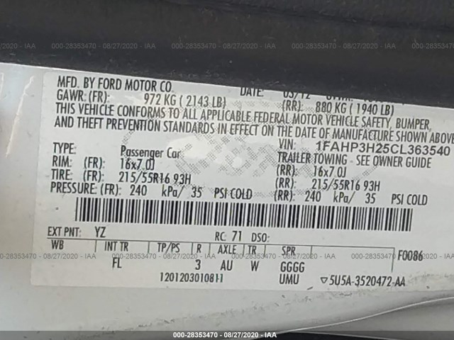 Photo 8 VIN: 1FAHP3H25CL363540 - FORD FOCUS 