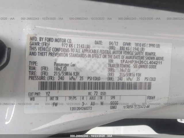 Photo 8 VIN: 1FAHP3H26CL404211 - FORD FOCUS 