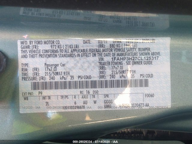 Photo 8 VIN: 1FAHP3H27CL125317 - FORD FOCUS 