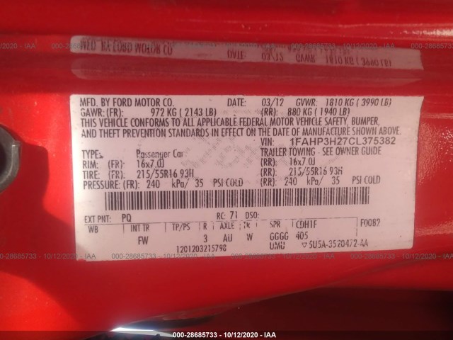 Photo 8 VIN: 1FAHP3H27CL375382 - FORD FOCUS 