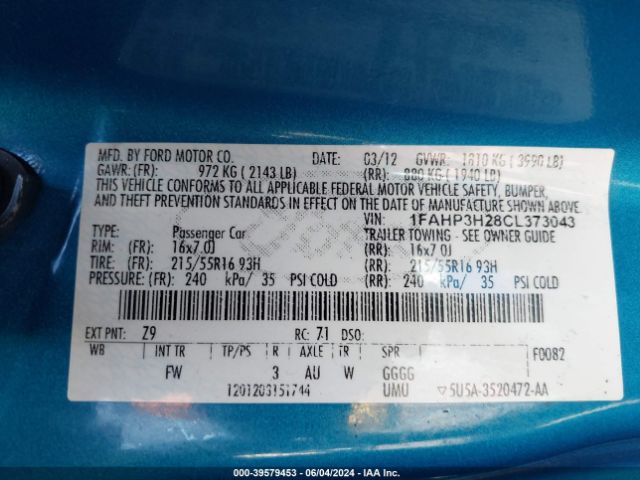 Photo 8 VIN: 1FAHP3H28CL373043 - FORD FOCUS 