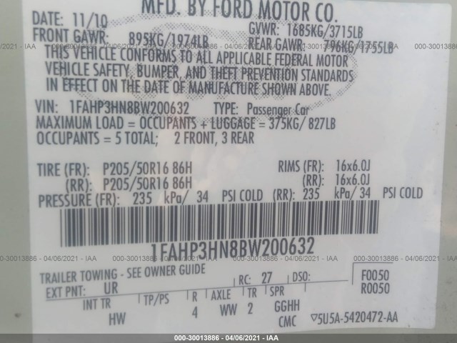 Photo 8 VIN: 1FAHP3HN8BW200632 - FORD FOCUS 