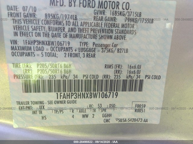 Photo 8 VIN: 1FAHP3HNXBW106719 - FORD FOCUS SEL 