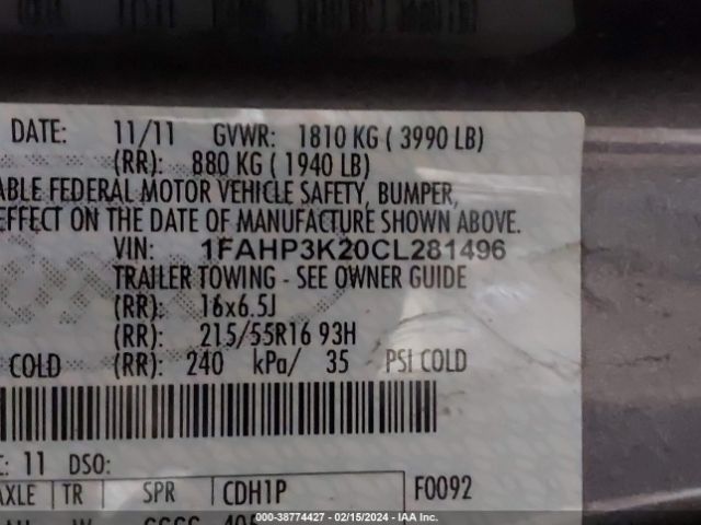 Photo 8 VIN: 1FAHP3K20CL281496 - FORD FOCUS 