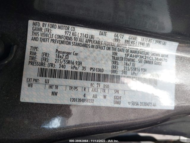 Photo 8 VIN: 1FAHP3K21CL384670 - FORD FOCUS 