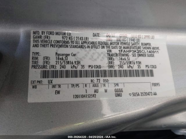 Photo 8 VIN: 1FAHP3K25CL140911 - FORD FOCUS 