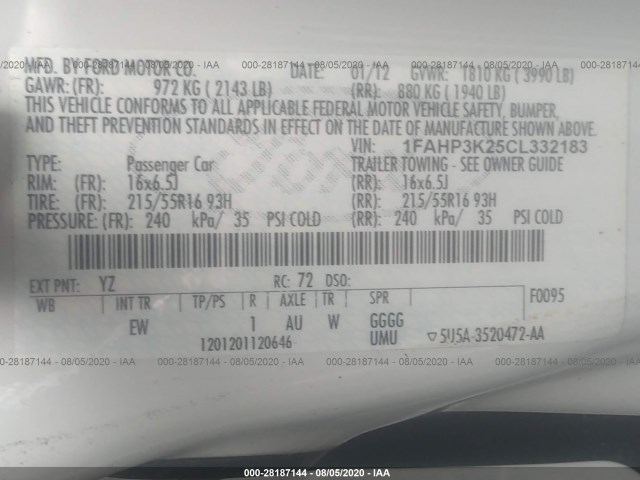 Photo 8 VIN: 1FAHP3K25CL332183 - FORD FOCUS 