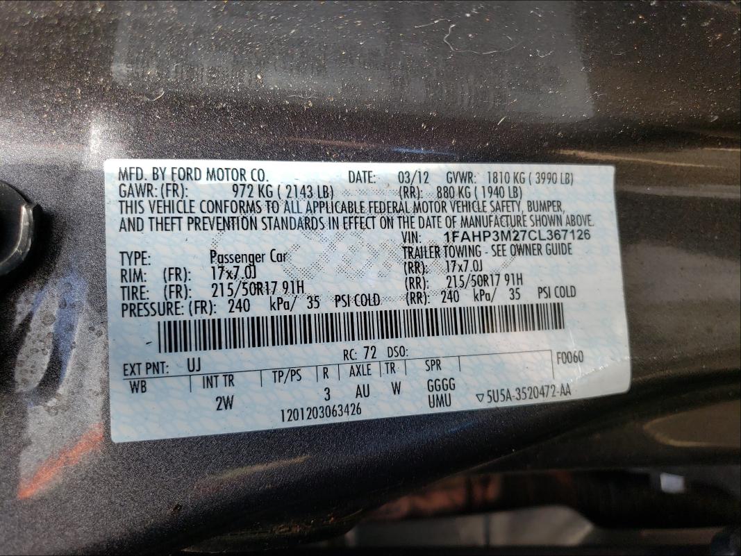 Photo 9 VIN: 1FAHP3M27CL367126 - FORD FOCUS SEL 