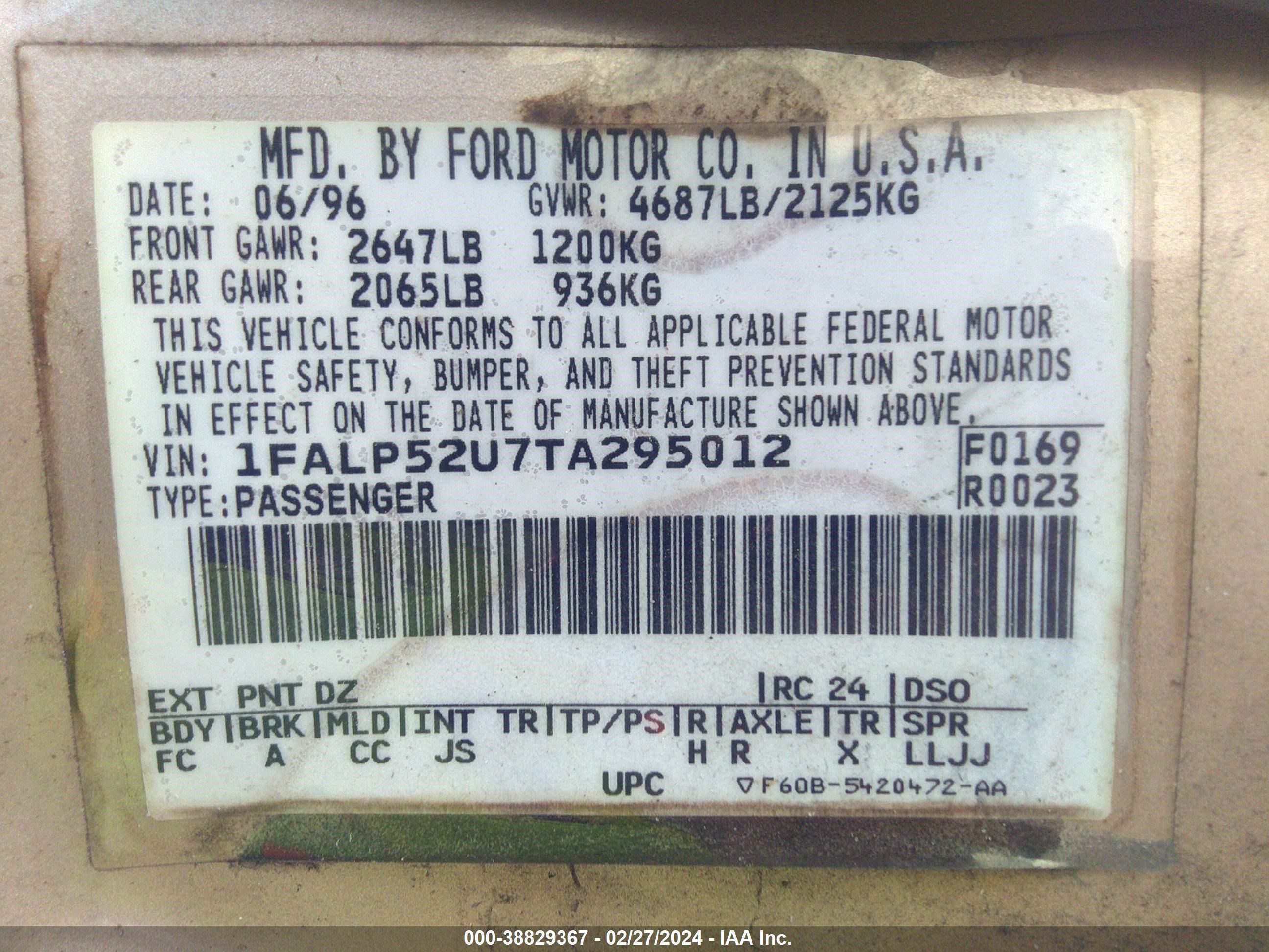 Photo 8 VIN: 1FALP52U7TA295012 - FORD TAURUS 