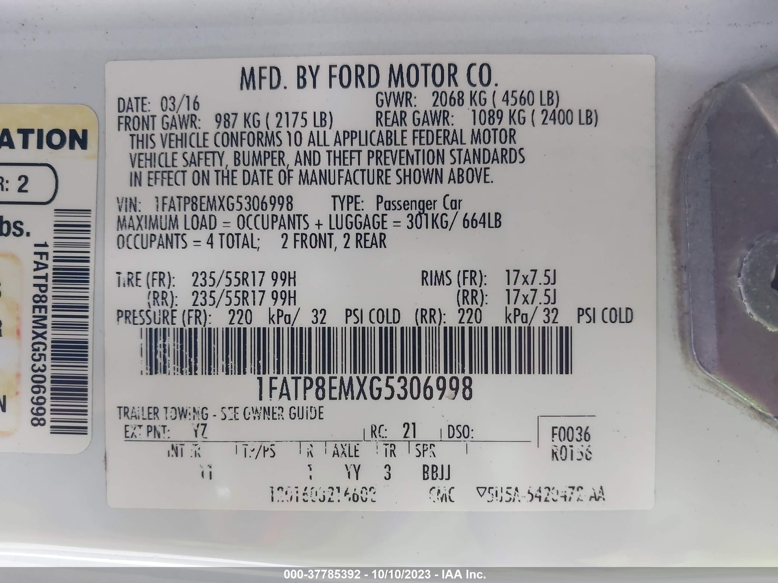 Photo 8 VIN: 1FATP8EMXG5306998 - FORD MUSTANG 