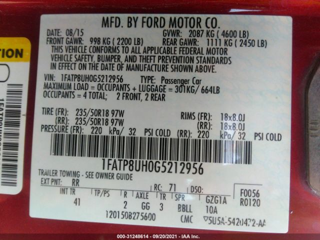 Photo 8 VIN: 1FATP8UH0G5212956 - FORD MUSTANG 