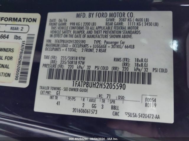 Photo 8 VIN: 1FATP8UH2H5205590 - FORD MUSTANG 