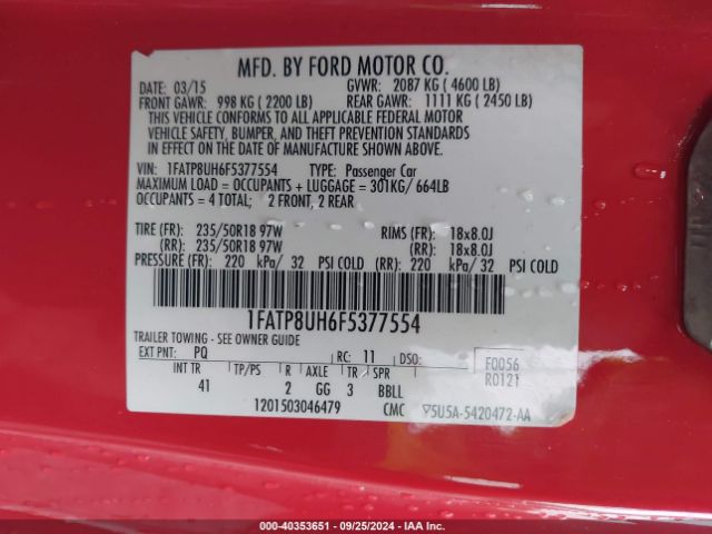 Photo 8 VIN: 1FATP8UH6F5377554 - FORD MUSTANG 