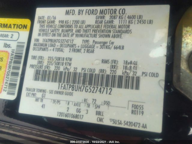 Photo 8 VIN: 1FATP8UH7G5274712 - FORD MUSTANG 