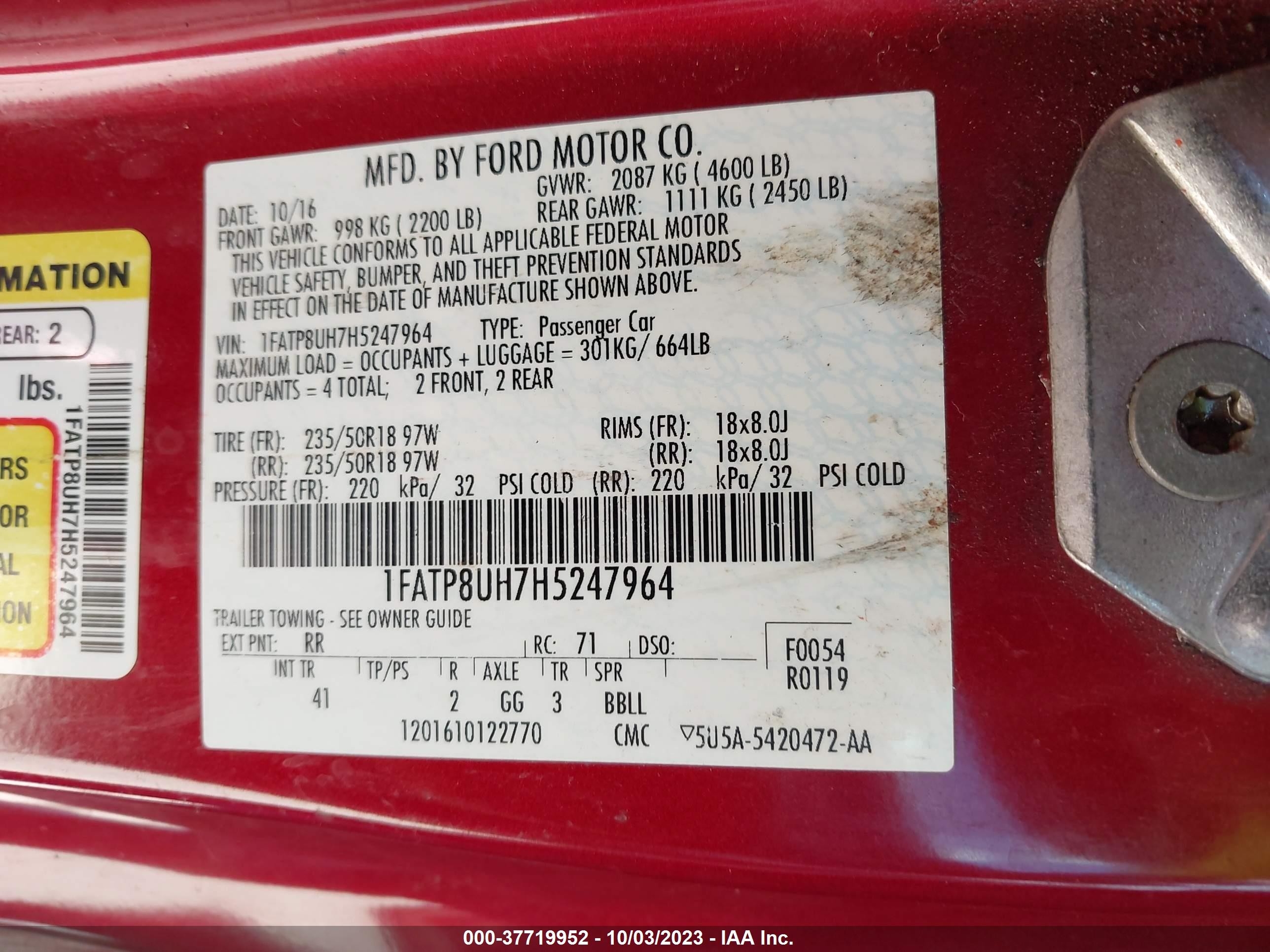 Photo 8 VIN: 1FATP8UH7H5247964 - FORD MUSTANG 