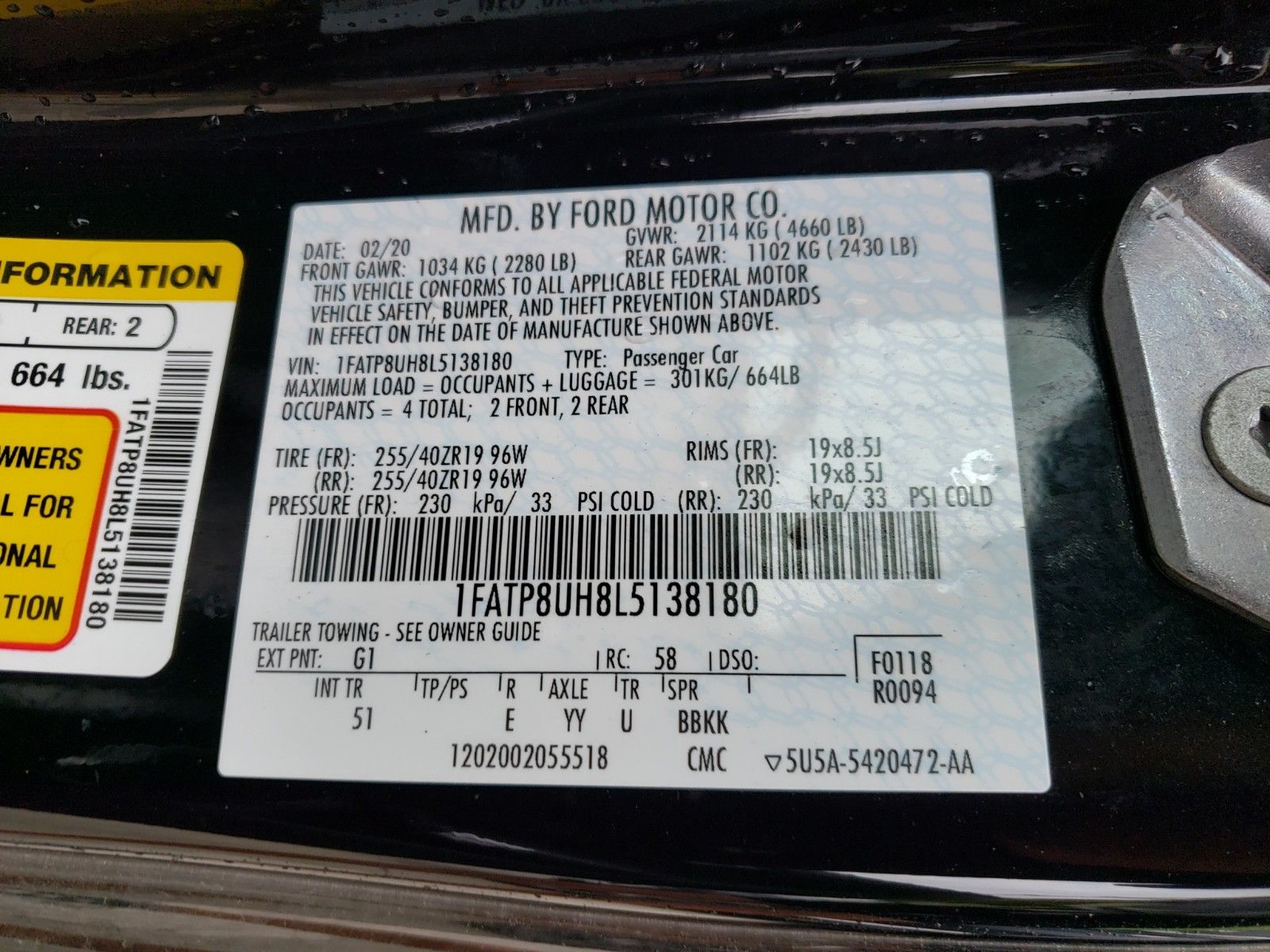 Photo 5 VIN: 1FATP8UH8L5138180 - FORD MUSTANG 4C CNV 