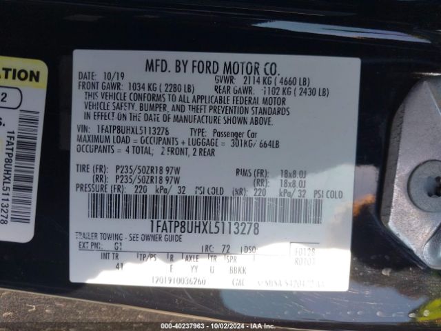 Photo 8 VIN: 1FATP8UHXL5113278 - FORD MUSTANG 