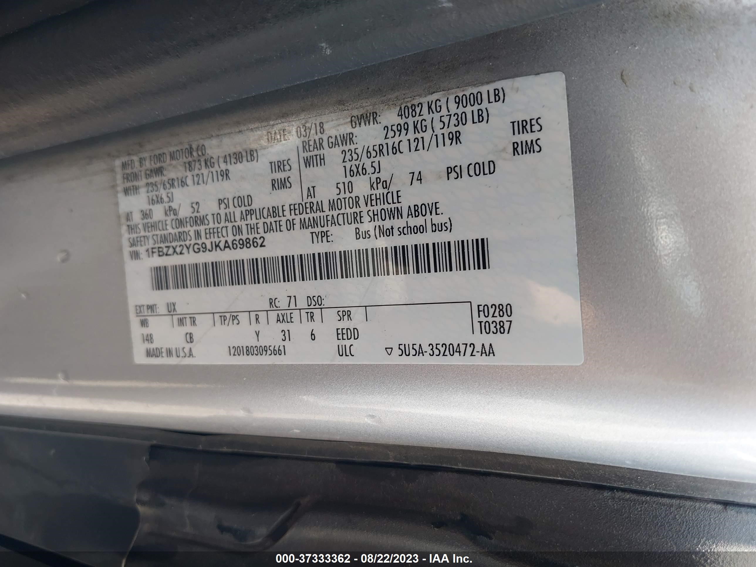 Photo 8 VIN: 1FBZX2YG9JKA69862 - FORD TRANSIT 