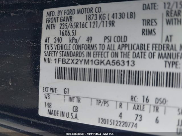 Photo 8 VIN: 1FBZX2YM1GKA56313 - FORD TRANSIT 