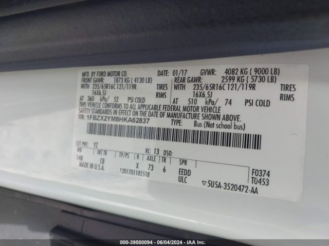 Photo 8 VIN: 1FBZX2YM8HKA62837 - FORD TRANSIT 