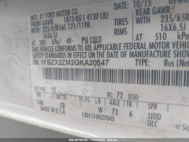 Photo 8 VIN: 1FBZX2ZM2GKA20547 - FORD TRANSIT 