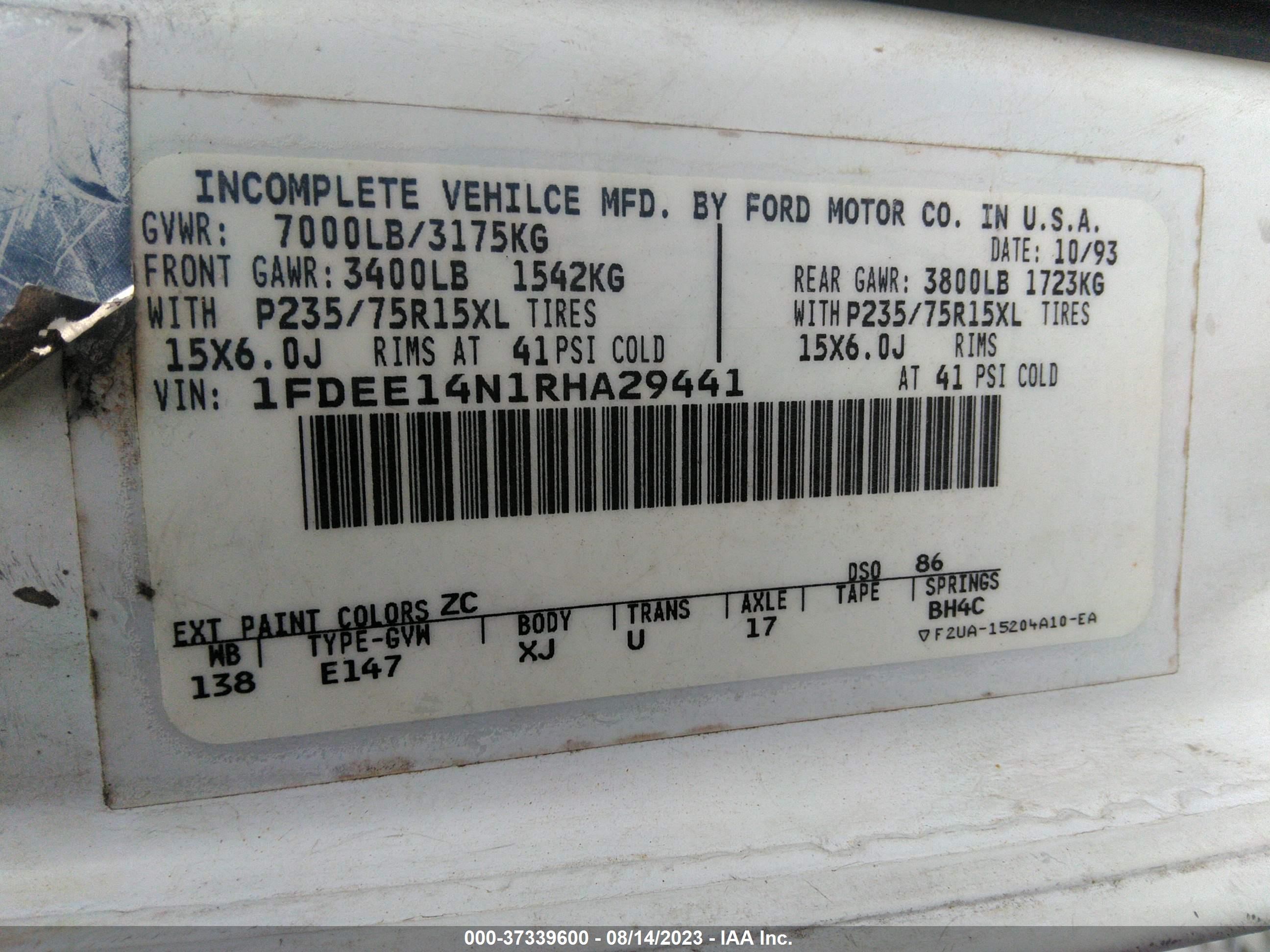 Photo 8 VIN: 1FDEE14N1RHA29441 - FORD ECONOLINE 