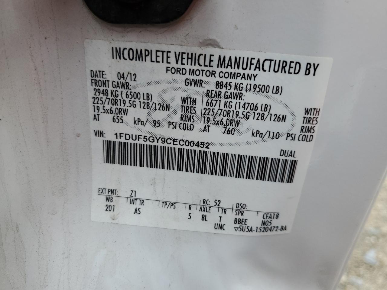 Photo 12 VIN: 1FDUF5GY9CEC00452 - FORD F550 